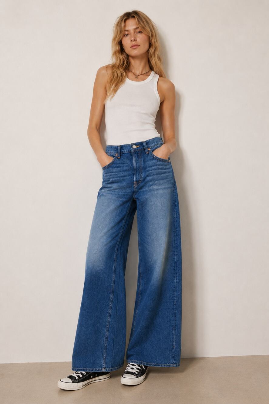 RE/DONE | The Marielou in Viper Blue Wide Leg Jeans Full Length 35in Inseam 25